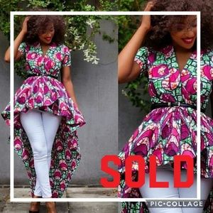 African Print Pink 🌸and Green Wrap Bustled Shirt